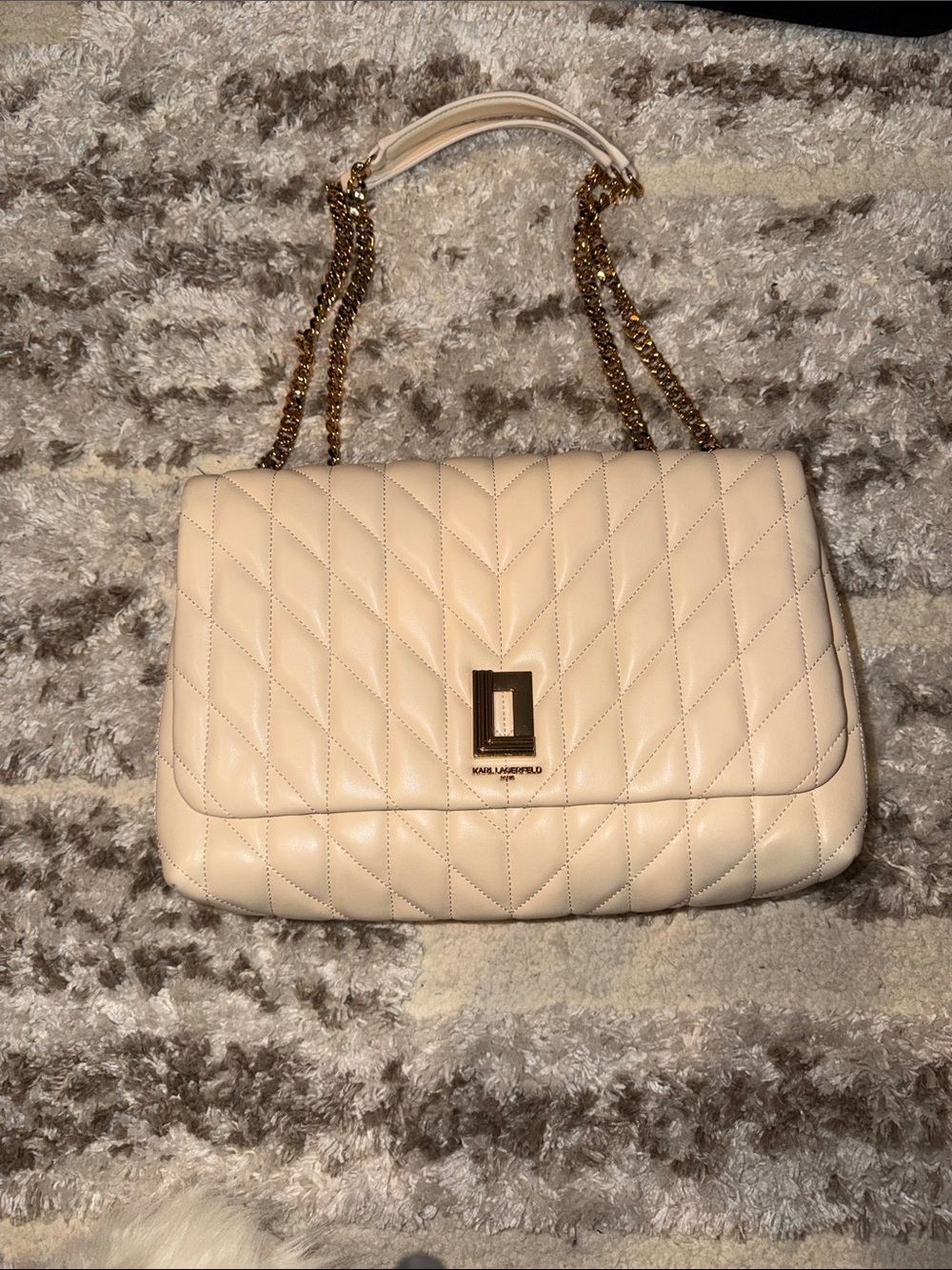 Karl Lagerfeld Cream Quilted Shoulder Bag with Gold Chain LEATHER